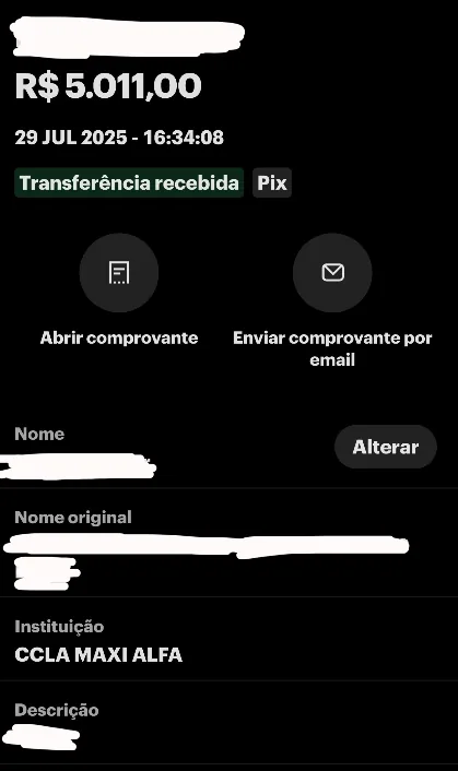 Comprovante de Pix recebido (nome ocultado)
