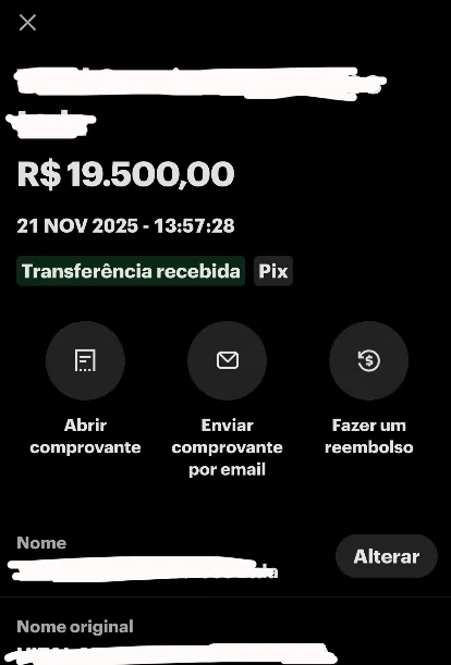 Comprovante de Pix recebido (nome ocultado)